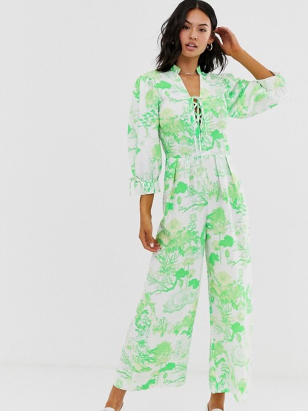 ASOS Bright Green & White Toile Wide Leg Jumpsuit Lace Up Tie Front Women size 8